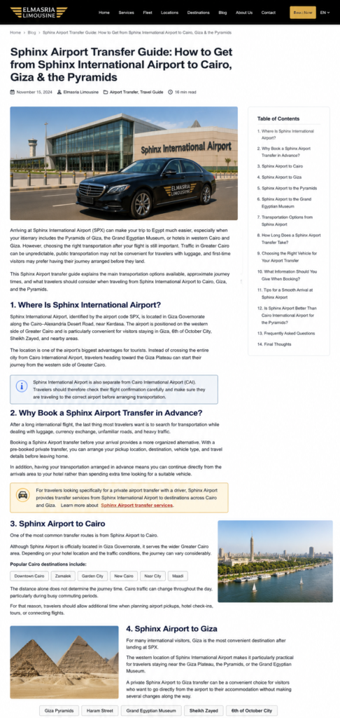Looking for transportation from Sphinx International Airport? Compare private transfers, taxis and other options, learn how to choose the right vehicle, and plan your journey to Cairo, Giza and the Pyramids.